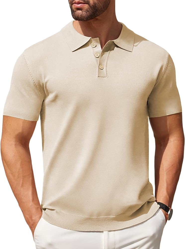 COOFANDY Mens Knit Polo Shirts Casual Short Sleeve Button Down Polo Shirt Classic Golf Shirts