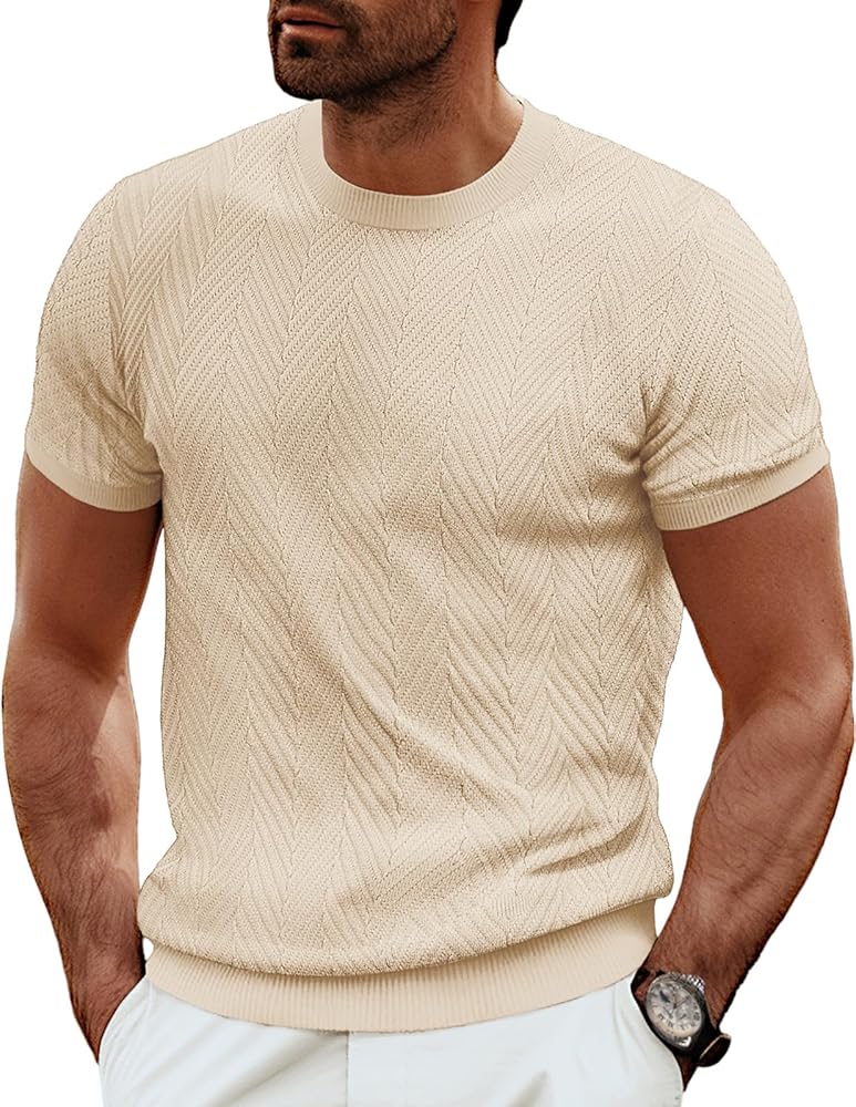 PJ PAUL JONES Men's Short Sleeve Knit T-Shirts Casual Crewneck Solid Texture Knit Shirt