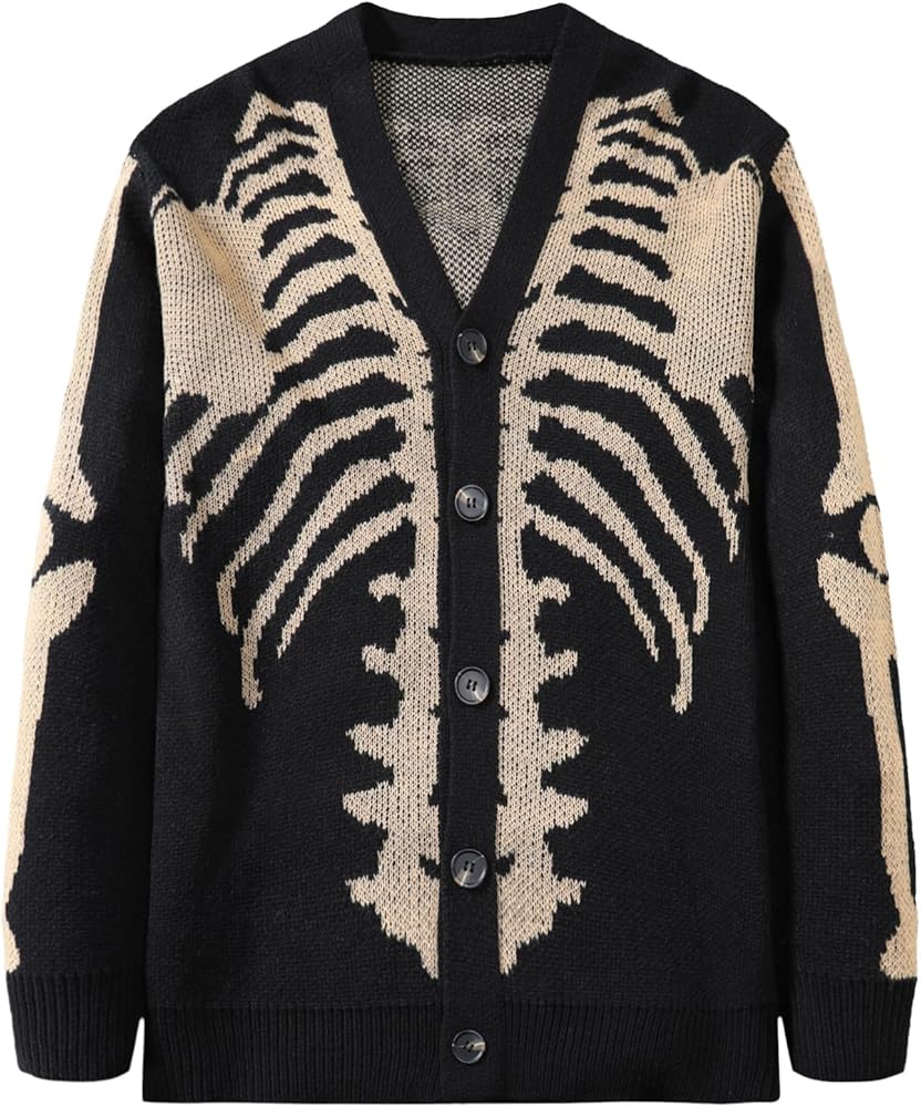 SHENHE Men's Skeleton Pattern Cardigan Sweaters Long Sleeve Unisex Outwear Knitted Coats