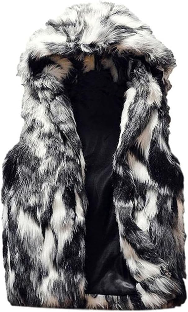 Men`s Luxury Faux Fur Hoodie Coats Sleeveless Jacket Vest With Hood