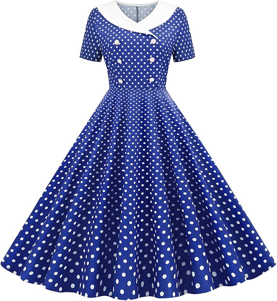 Women Double Breasted Notch Lapel 50s Vintage Short Sleeve Cocktail Swing Dress Polka Dot 1950s Rockabilly Prom Midi Dress