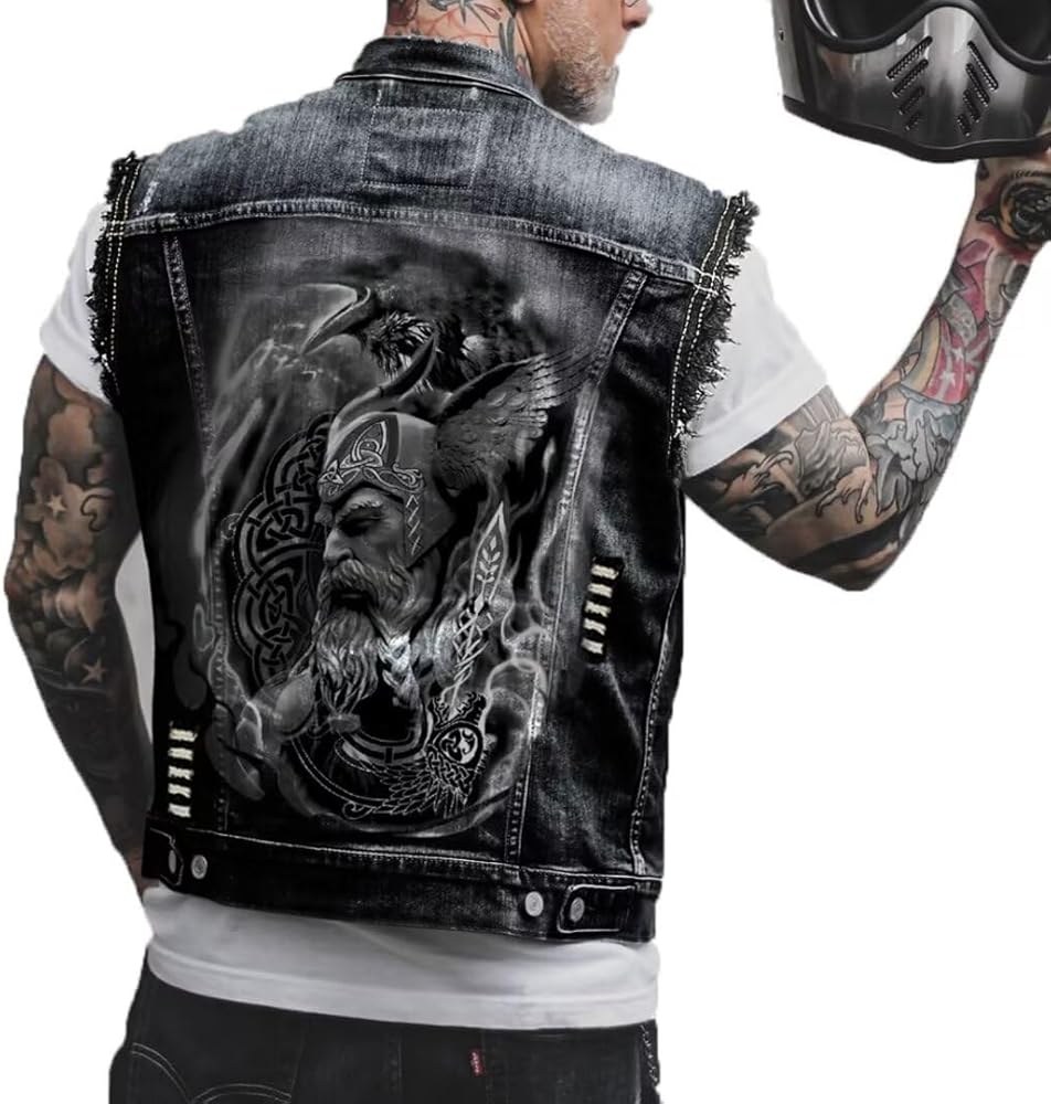 Men & Big Boys Denim Vest Jean Vest Black Denim Motorcycle Black Blue Biker Viking Graphic Sleeveless