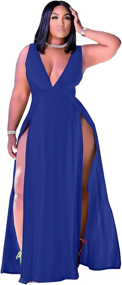 Ekaliy Women's Plus Size Sleeveless Deep V Neck Front Split Long Maxi Wrap Dress