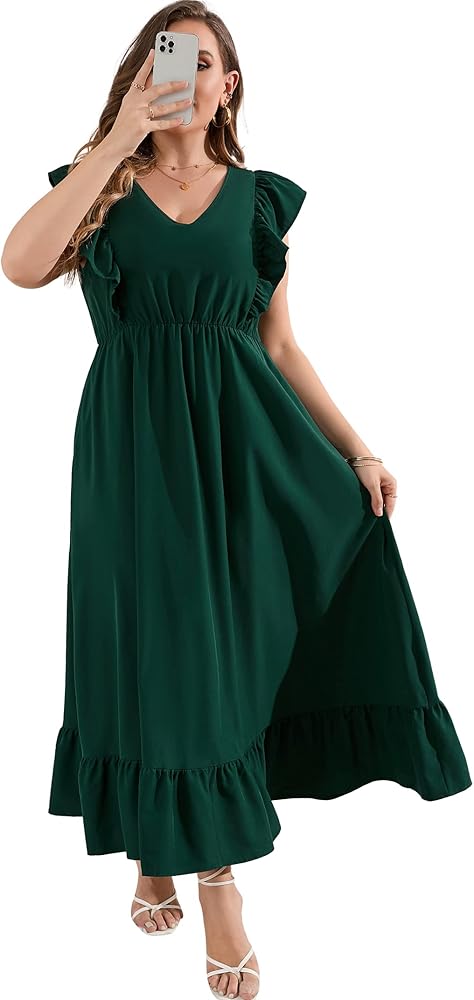 KOJOOIN Women's Plus Size Summer Dress with Pocket Ruffle Cap Sleeveless V Neck Side Split Long Beach Maxi Dress