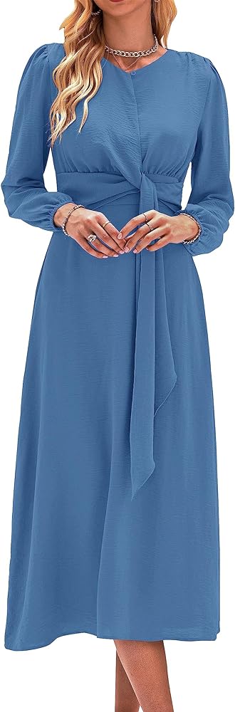 XIONGMEI Women's Casual Fall Long Sleeve Dresses 2024 Crewneck Tie Waist Zipper Plain Maxi Wedding Cocktail Party Dress