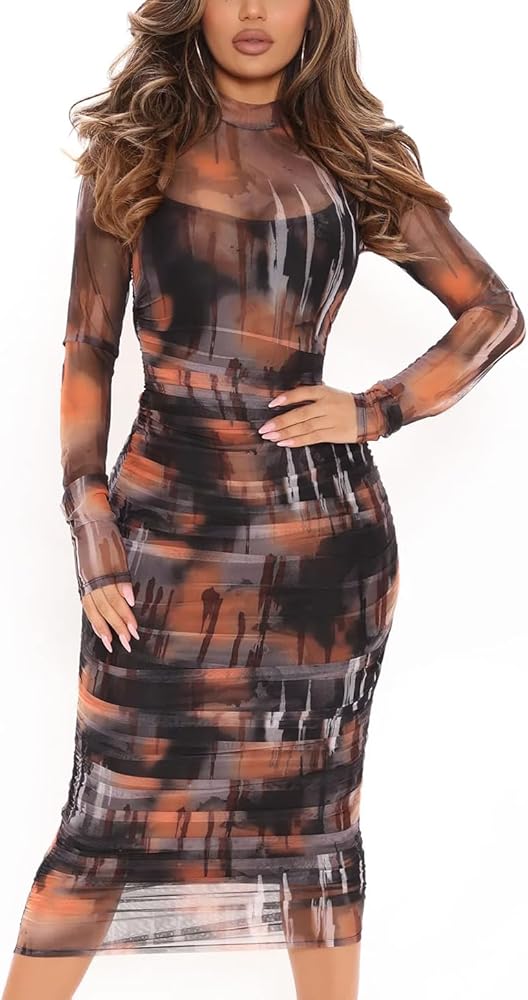 MOEENCN Sexy Long Sleeve Midi Dress for Women Sheer Mesh Printed Two Piece Skirt Set Crew Neck See Through Bodycon Party