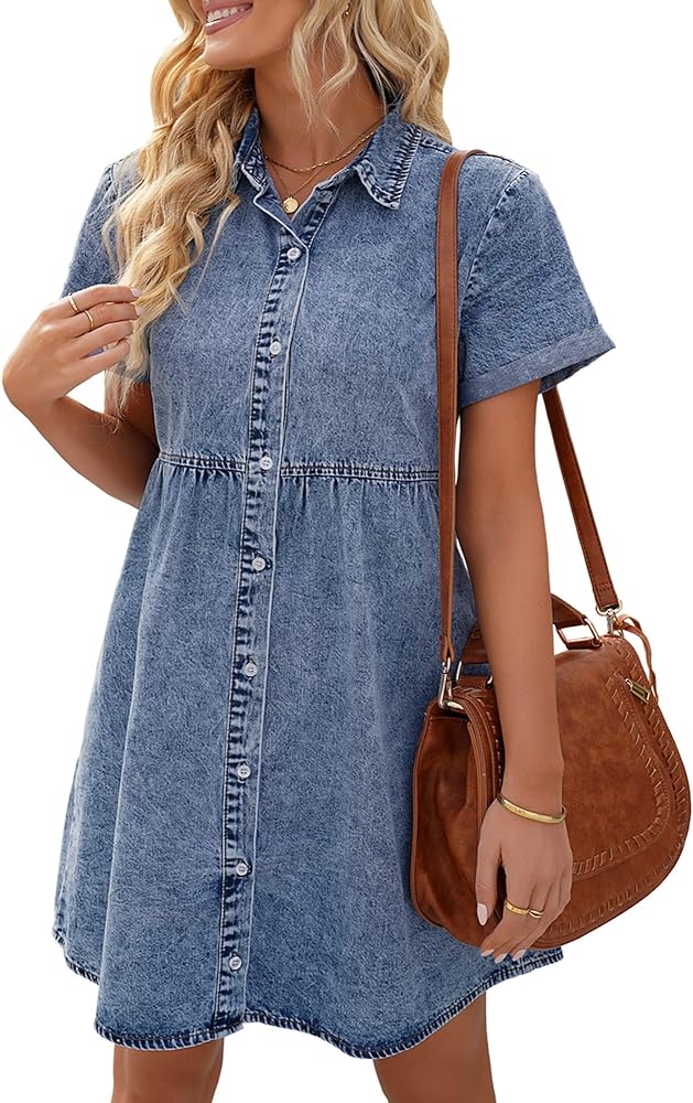 Utyful Denim Dress for Women Summer Dress Short Sleeve Button Down Tiered Babydoll Denim Jean Dress