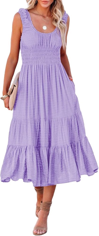 AlvaQ Women Summer Dresses Sleeveless Smocked Midi Dress High Waist Casual Tiered A Line Sundress with Pockets