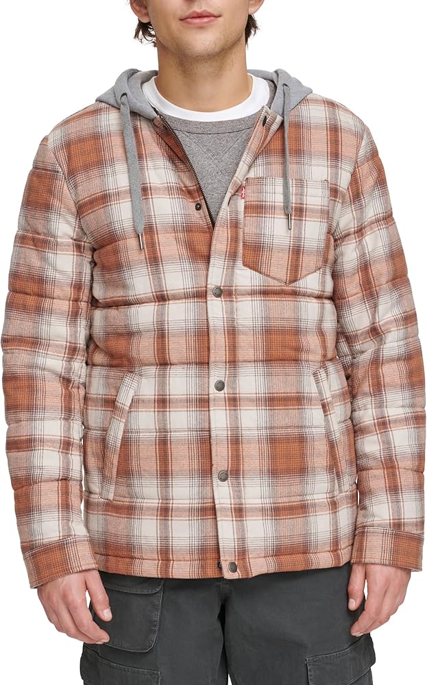 Levi's Men's Quilted Plaid Puffer With Jersey Hood