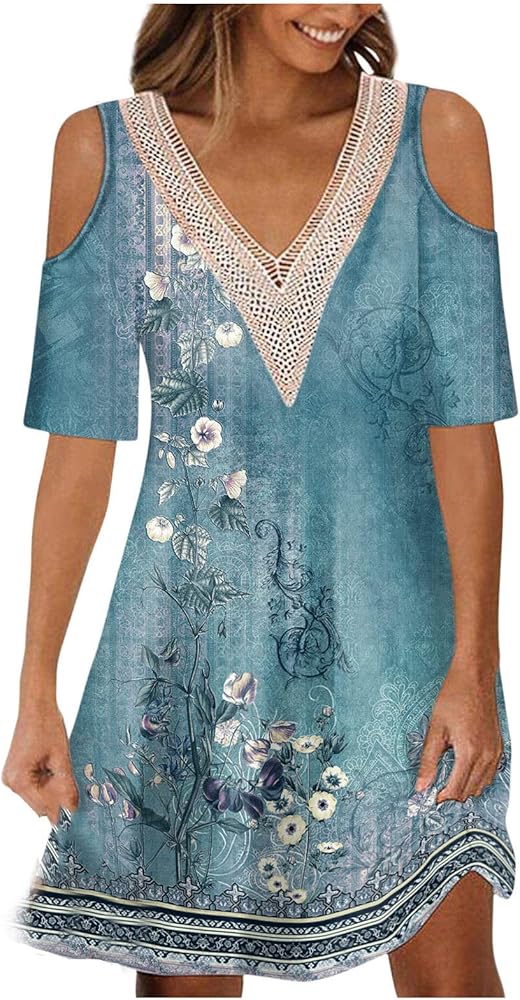 Summer Boho Dresses for Women 2024 Trendy Cold Shoulder Short Sleeve v Neck Tunic Dress Casual Floral Print Mini Dress