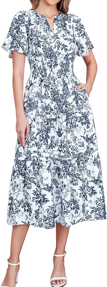 Women Summer Floral Midi Dress 2024 Casual Short Sleeve V Neck Tiered Ruffle Flowy Boho Dresses with Pockets