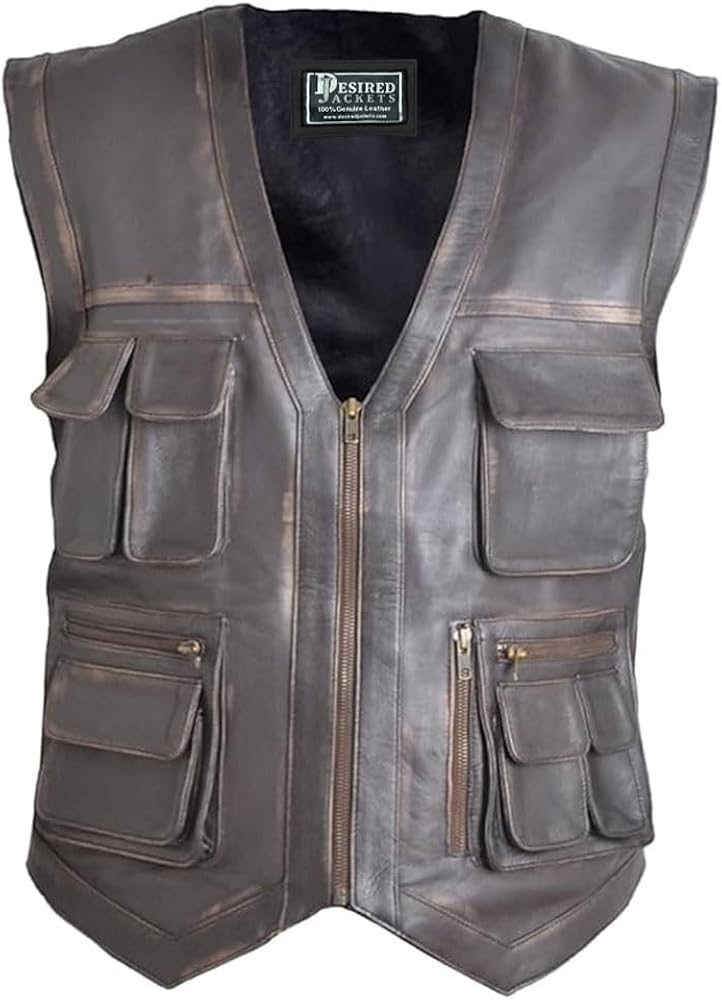 Men's J World's Chris Pratt Owen Grady Brown Vest JW Adventure Chris Pratt Motorcycle Leather Biker Vest