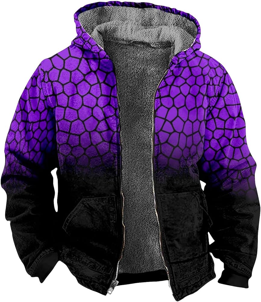 Mens Coat Full Zipper Hoodies Winter Warm Outwear Vintage Printed Coats Sherpa Fleece Lined Jackets