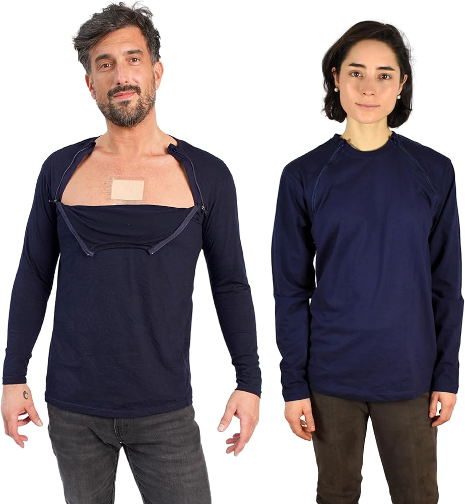 Inspired Comforts Men’s/Unisex Chemo Port Access Shirt with Dual Chest Zips | Full Sleeve | 100% Cotton