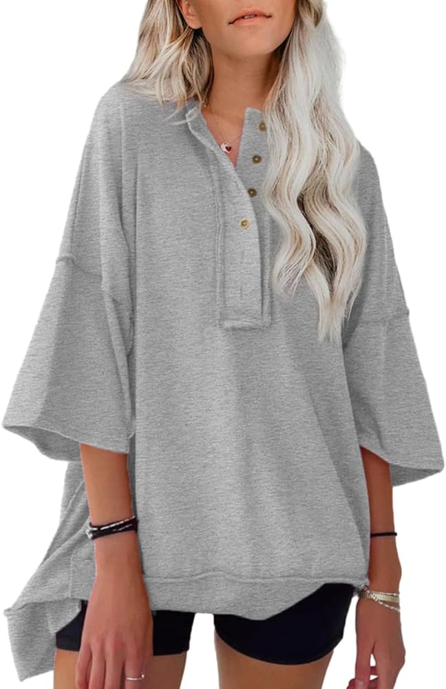 AlvaQ Womens Oversized Short Sleeve Sweatshirt Summer Casual Loose Button Down Henley V Neck Pullover Tunic Tops Shirts