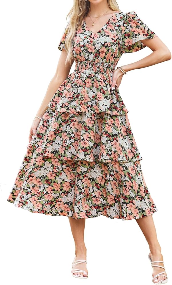 GRACE KARIN Women's 2024 Floral Summer Long Midi Dress V Neck Short Sleeve Ruffle Tiered Layered Boho Swing Dresses