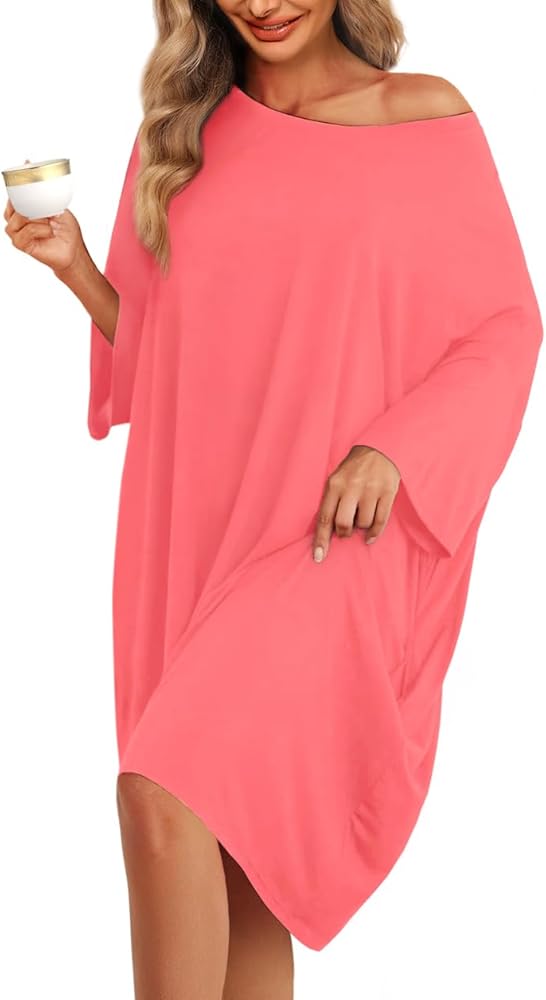 KFUBUO Plus Size Nightgowns for Women Oversized Sleep Tshirts Dress Short Sleeves Sleepwear With Pocket Fit S-5XL