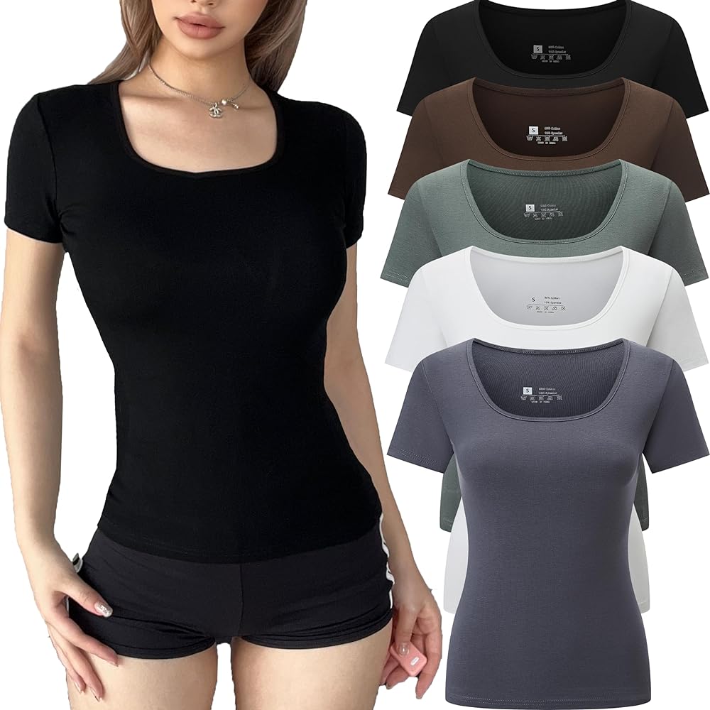 5pcs Women's Ribbed Short Sleeve Slim Fit T Shirt Square Neck Bodycon Crop Tunics Going Out Tops