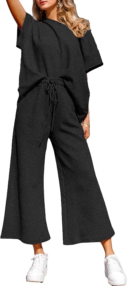 Women 2 Piece Outfits Sweatsuits Summer Lounge Set Casual Short Sleeve Pullover Tops And Drawstring Wide Leg Pants