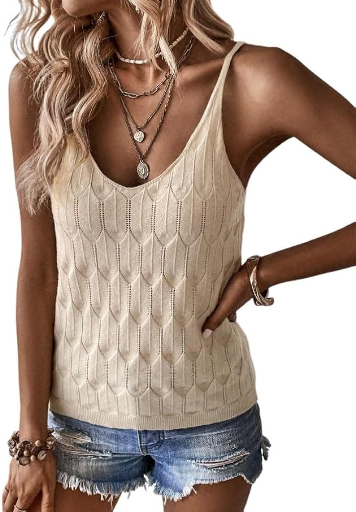 Womens Tank Tops V Neck Spring Summer Camisole Spaghetti Strap Cami Top Sleeveless Knitted Shirt Casual Solid Crochet Vest