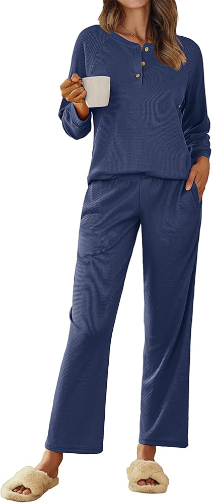 Ekouaer Waffle Knit Pajamas for Women Set Long Sleeve Pants Pj Henley Tops Lounge Sets Comfy Sleepwear with Pockets