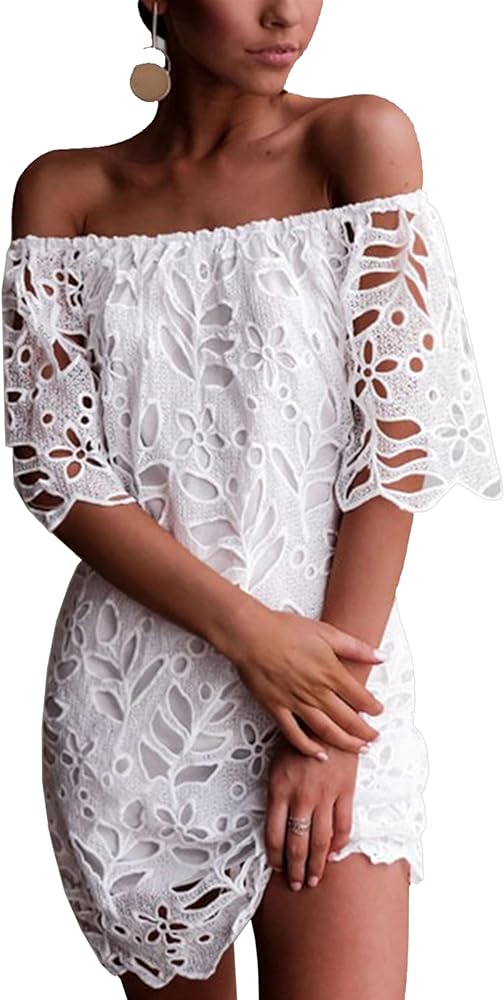 PRETTYGARDEN Women's Summer Off Shoulder Vintage Floral Lace Flare Short Sleeve Loose Elegant Mini Dress