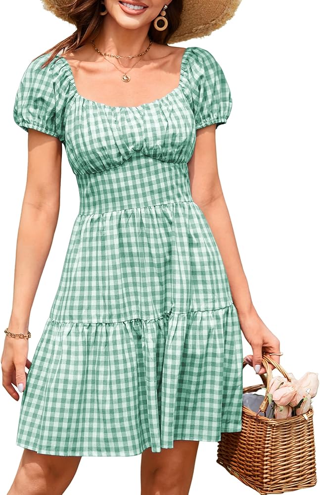 ZAFUL Women's Casual Plaid Mini Dress Scoop Neck Short Puff Sleeve Sundress A-Line Flowy Summer Dresses