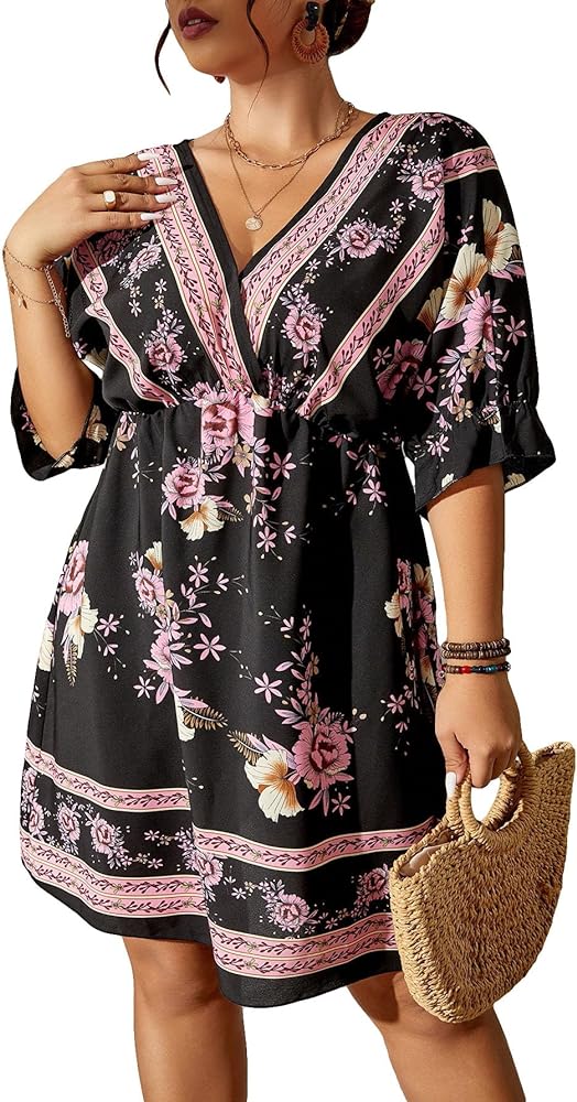 OYOANGLE Women's Plus Size Boho Floral Print High Waist V Neck Flared A Line Short Dress