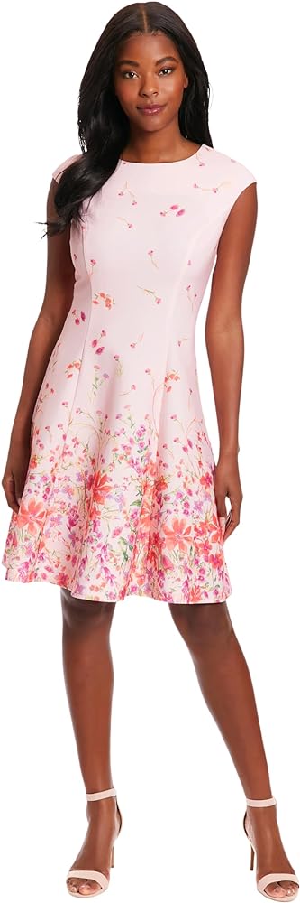 London Times Women's Dresses Floral Border Cap Sleeve Fit & Flare Dress