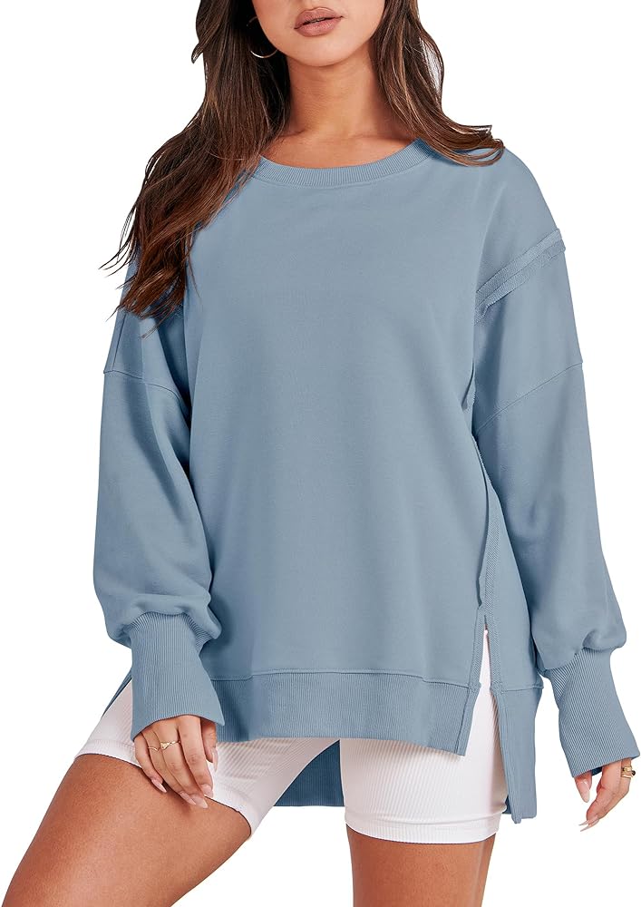 ANRABESS Women's Oversized Sweatshirt Crew Neck Long Sleeve Casual Slit Pullover Top Fall 2024 Teen Girl Preppy Clothes