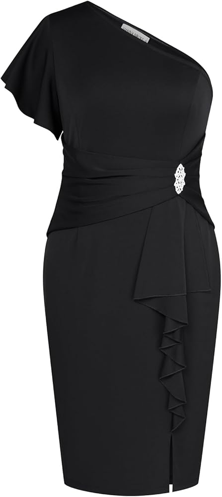 Hanna Nikole Women Plus Size One Shoulder Dress Sexy Ruched Bodycon Cocktail Dress with Rhinestone