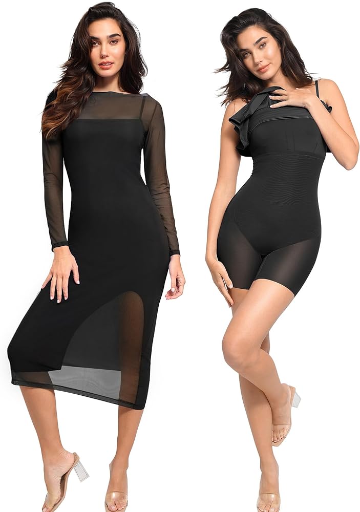 Popilush The Shapewear Two Piece Sheer Mesh Dress - Midi Dress for Spring - Slit Dress Worn Separately Or Together