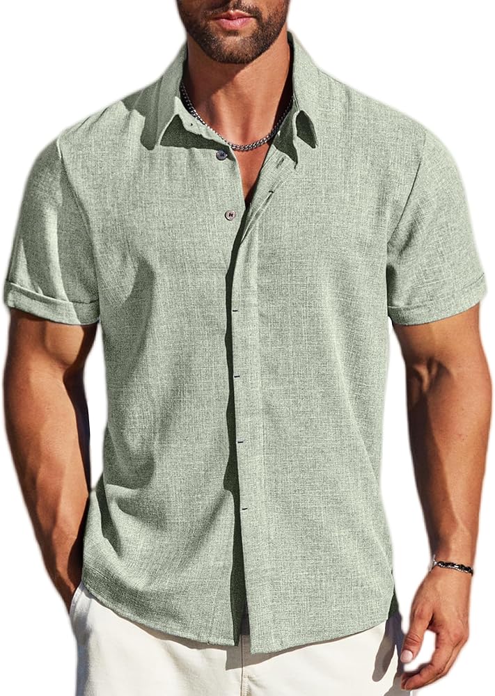 Men's Linen Shirts Short Sleeve Button Down Casual Shirt Business Dress Clothing Beach Fashion Summer Tops