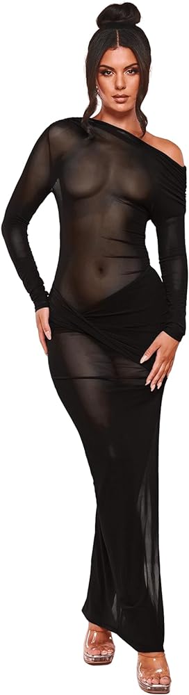 Floerns Women's Asymmetrical Neck Sheer Mesh Long Sleeve Evening Bodycon Maxi Dress