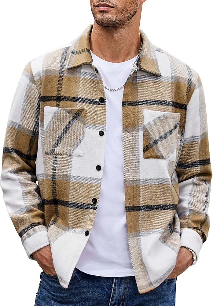 COOFANDY Men's Flannel Shirts Casual Button Down Plaid Shirt Jacket Long Sleeve Fleece Shacket with Pockets