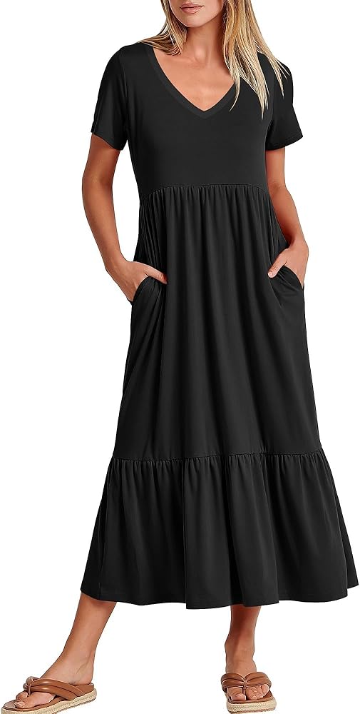 Women's Summer Casual Short Sleeve V Neck Swing Dress Casual Flowy Tiered Maxi Beach Dress with Pockets