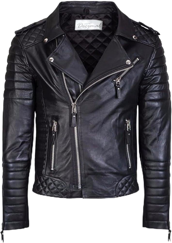 DECIMAL Men's Black REAL Lambskin Leather Biker Jacket VINTAGE GENUINE MOTORCYCLE JACKETS FOR MEN