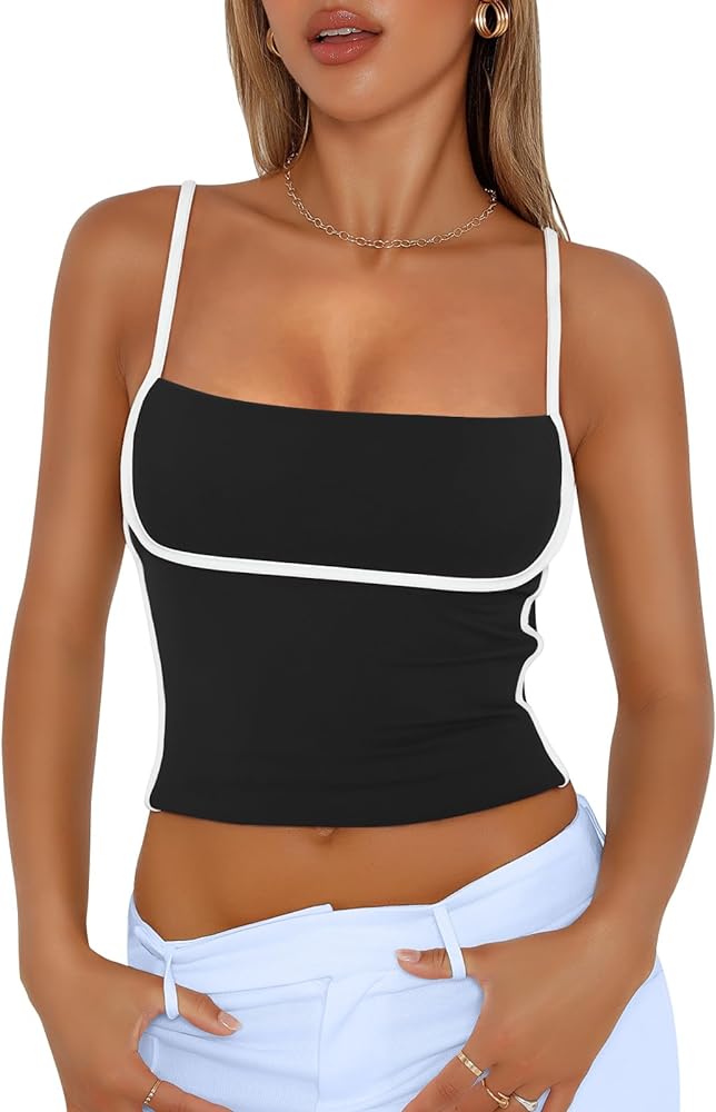 Trendy Queen Womens Camisole Tank Tops with Adjustable Spaghetti Strap Cute Summer Going Out Crop Tops