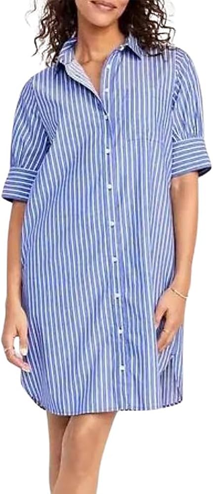 utcoco Women Striped Short Sleeve Shirt Dress Casual Loose Fit Button Down Mini Dress with Pockets