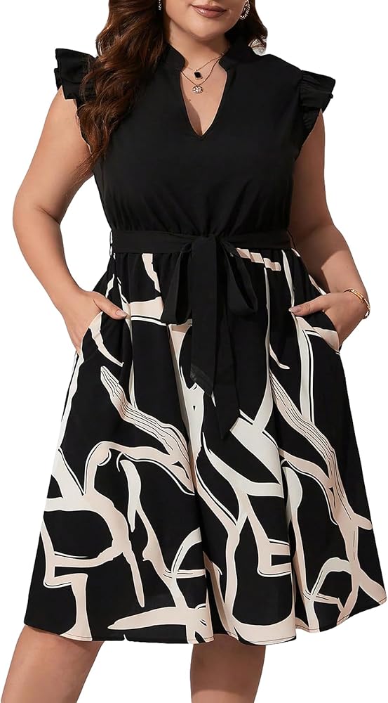 Verdusa Women's Plus Size Ruffle Cap Sleeve Notched Neck Belted A Line Flared Dress