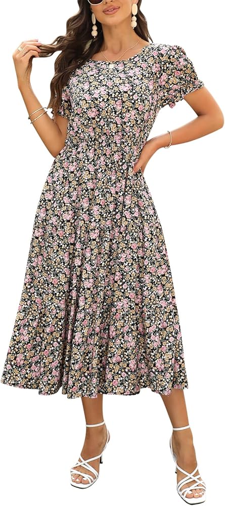 NAVINS Women Floral Print Puff Sleeve Tiered A-Line Swing Midi Dress with Pockets NA1002