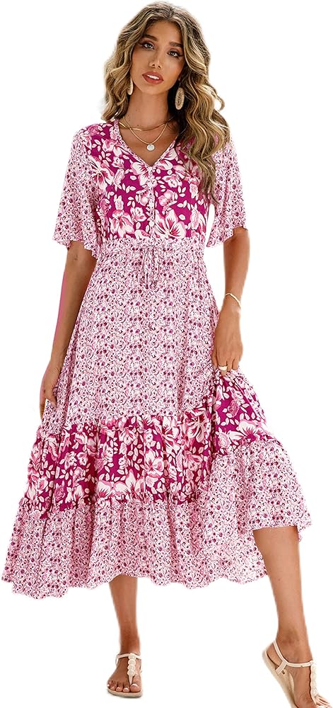 R.Vivimos Women's Short Sleeve V Neck Cotton Beach Floral Buttons Midi Dresses