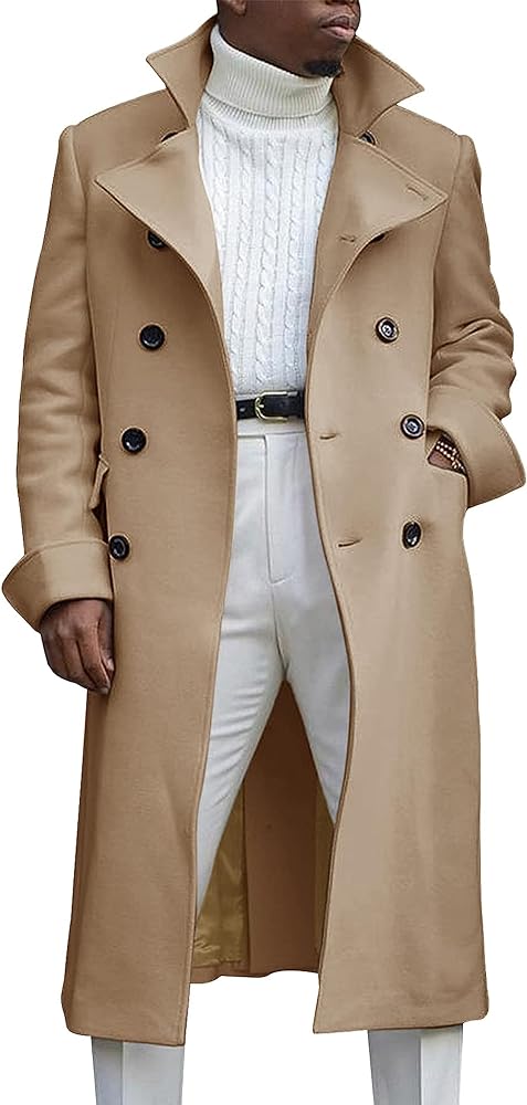 Springrain Men's Pea Coat Double Breasted Overcoat Lapel Coat Classic Long Trench Coat