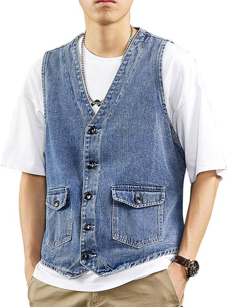 Men's Cool Western Cowboy Button Down Vintage Wash Denim Vest Jacket