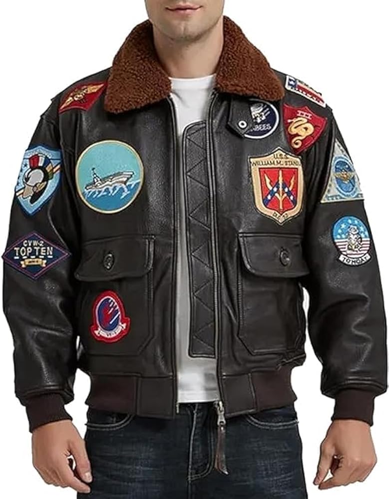 Mens Top Aviator USAAF Pilot Flying Tom Multiple Patches G1 Bomber Jacket Fur Collar Brown Bomber Leather Jacket