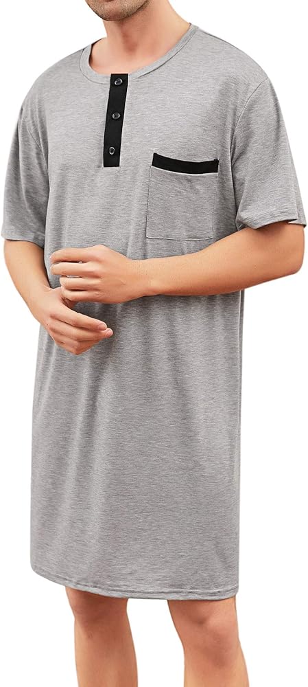 Enjoyoself Men's Nightshirt Nightwear Comfort Cotton Sleep Shirt Henley Short Sleeve Lounge Sleepwear