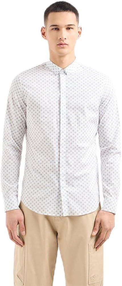 Armani Exchange Men's Long Sleeve Micro Print Button Down Shirt. Slim Fit