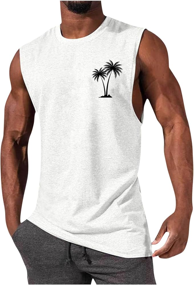 Tank Tops Men Summer Sleeveless Tropical Beach Shirts Palm Tree Print Hawaiian T-Shirt Casual Muscle Sports Basic Tees