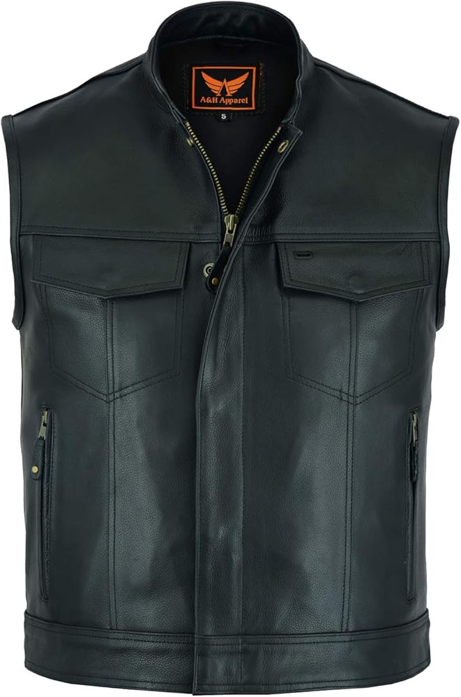 A&H Apparel Mens Genuine Cowhide Leather Biker Vest Motorcycle Gear Concealed Carry Pockets Sleeveless Motorwear