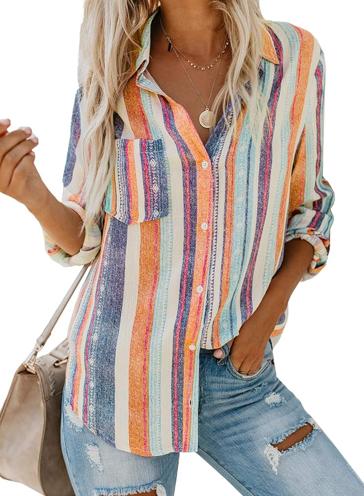 Astylish Women V Neck Striped Roll up Sleeve Button Down Blouse Tops